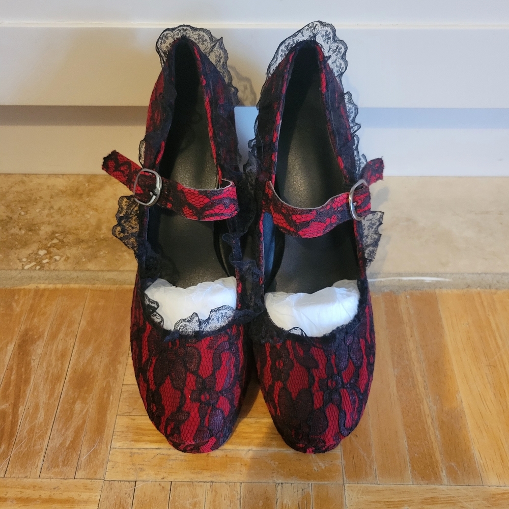 Platform Chunky Heel Elegant Red and Black Lace Women's Shoes Sz6